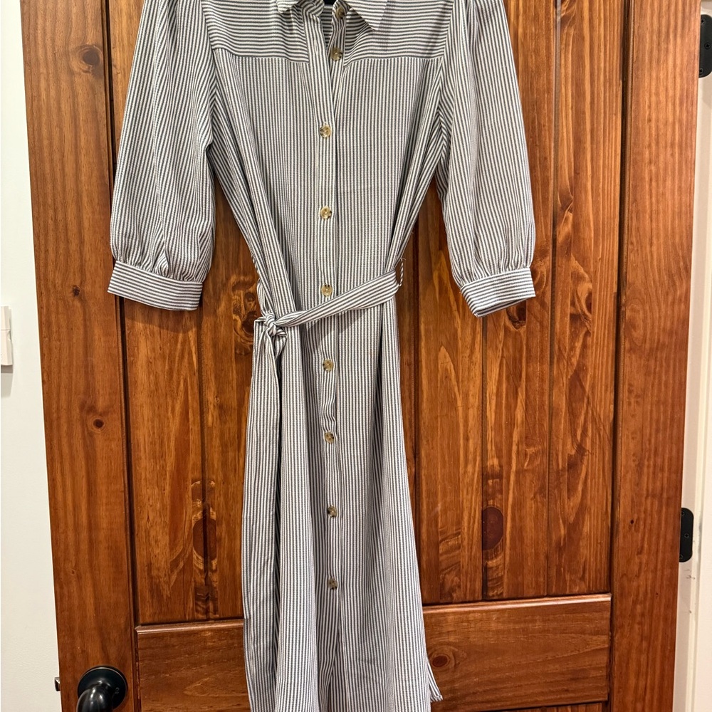 ANTHROPOLGIE MONTEAU Los Angeles blue and White Striped button up Dress.